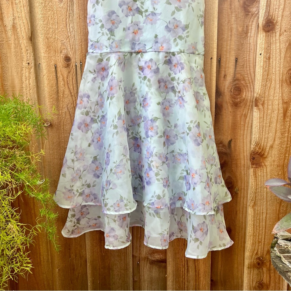 🌿 Periwinkle Light Blue Floral Organza Trumpet Ruffle Maxi Dress 🌿 - Picture 6 of 11